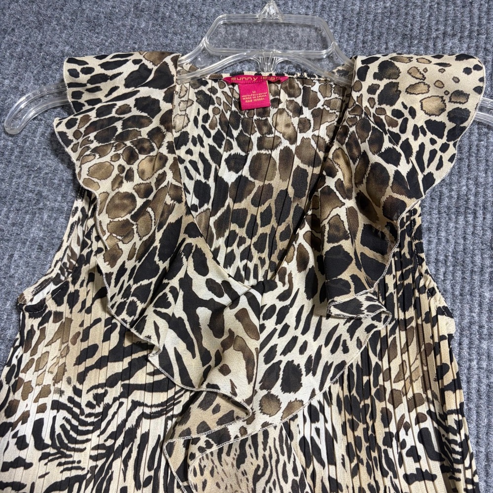Sunny Leigh Leopard Print Pleated Ruffle V-Neck Sleeveless Shift Dress Y2K Sz M